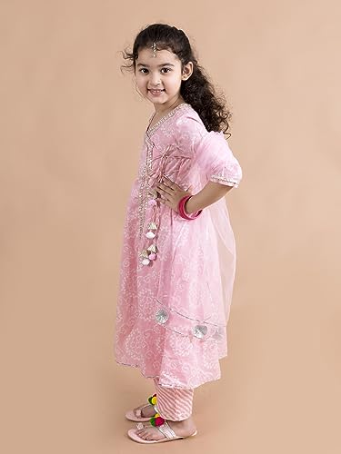 Pspeaches Girls Pink Printed Angrakha Pure Cotton Kurta Set (Pink-3-4Y)