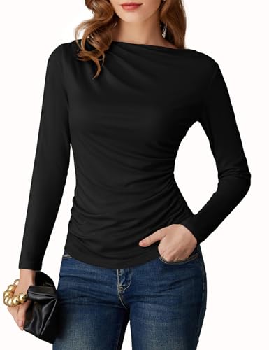 GRACE KARIN 2025 Womens Long Sleeve Wrap Ruched Tops Boat Neck Dressy Casual Blouses Fall Fitted Trendy Shirt