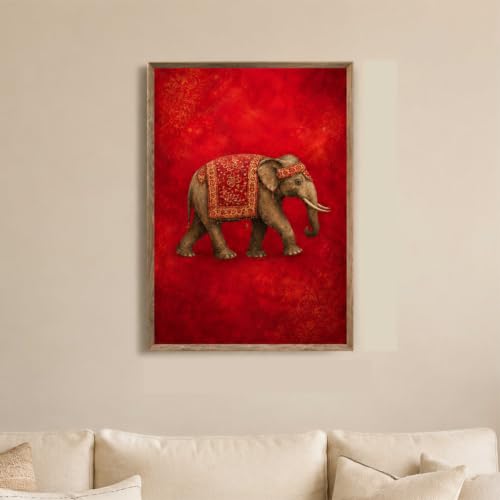 Image of Livin'luxe Royal Elephant Wall Painting for Living Room Bedroom Hall Office Decor, Red Vintage Animal Artwork with Sparkle Laminate and Premium Wooden Synthetic Frame (19.5 x 25.5 Inch) NL01-4108