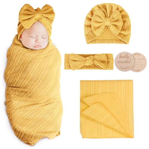 Image of AQOKKA Newborn Receiving Blanket with Bow Hat Mittens Wooden Card Set Wheat-Pattern Newborns Toddler Baby Boy Girl Nursery Swaddle Wrap