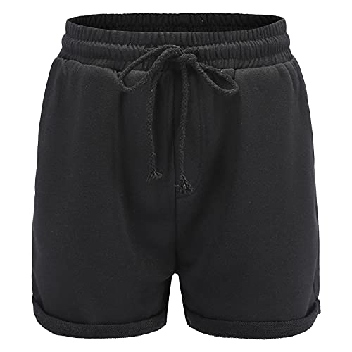 Women's Drawstring Casual Shorts Pure Color Elastic Waist Short Mid Rise Loose Workout Casual Summer Lounge Short (Black,Medium) #TOP5