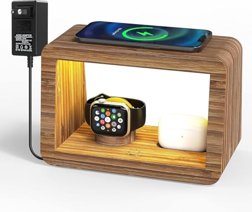 Bamboo Charging Station for Multiple Devices, 15W Fast Wireless Charger Night Light with 3 Color...