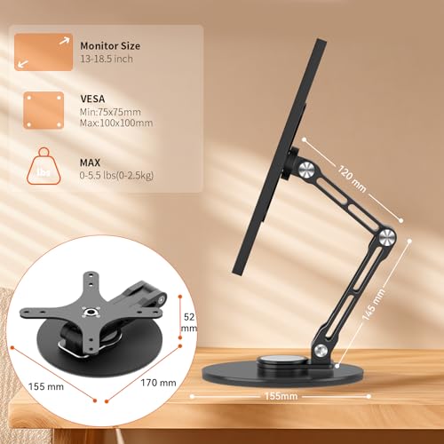 Image of Portable Monitor Stand VESA Mount, Tilt & Rotation Joints Use Metal Hinges, Foldable Aluminum Desk Mount for 13-18.5 Inch & up to 5.5 lbs Small Monitors, Suitable for Home Office Travel (Black)