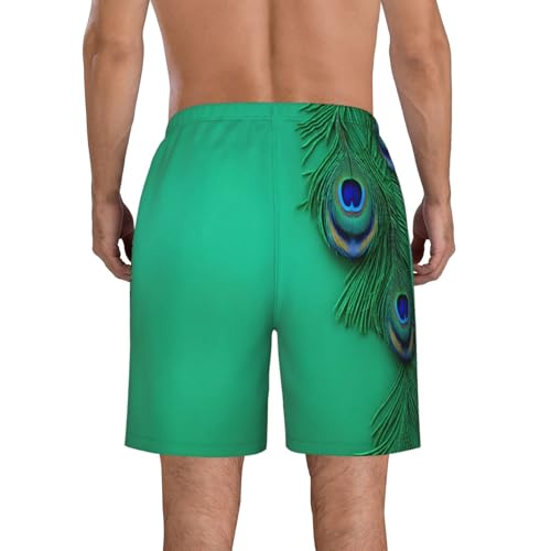Green Peacock Feather Print Stylish Beach Shorts Swim Trunks Lightweight Breathable Summer Outdoor Activities3
