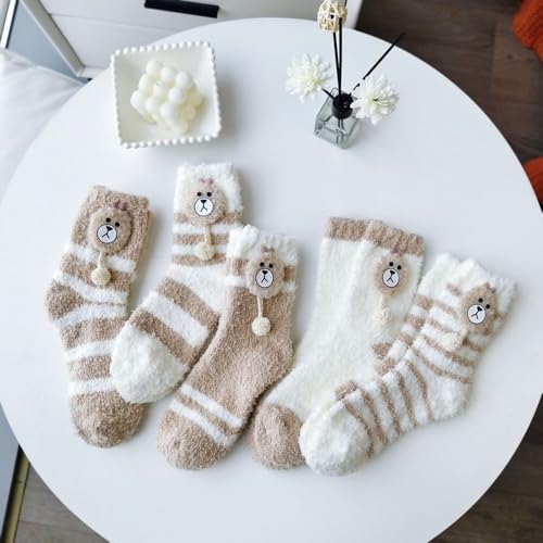 Image of 5 Pairs Fuzzy Socks for Women, Winter Thickening Coral Velvet Cozy Socks, Warm Home Sleeping Socks, Cute Animal Slipper Socks