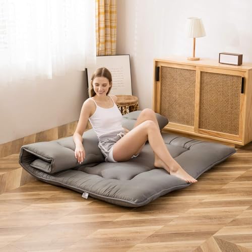 Image of MAXYOYO Japanese Floor Mattress Futon Mattress, 4 inch Thicken Tatami Mat Sleeping Pad Foldable Roll Up Mat Boys Girls Dormitory Pad Kids Floor Lounger Pillow Couch, Charcoal Grey, Queen Size