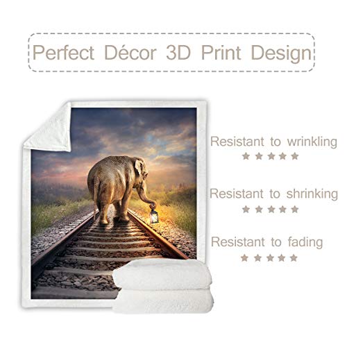 Sleepwish 3D Elephant Sherpa Bed Blanket, Twin(60"X80"), African Safari Animal Design, Elephant With Glowing Lantern,Plush Throw Blanket Fleece Reversible Blanket For Couch #TOP3