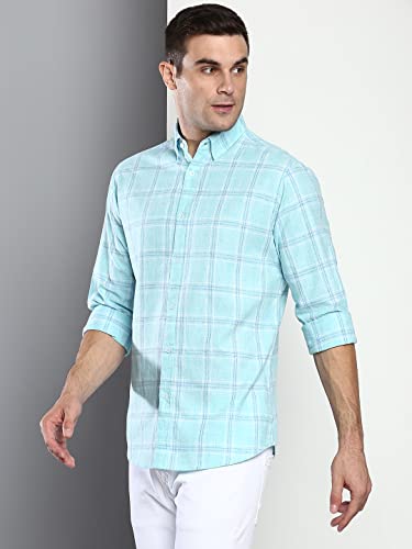 Image of Dennis Lingo Men's Checkered Slim Fit Cotton Linen Casual Shirt with Button-Down Collar & Full Sleeves