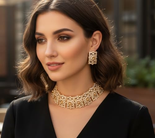 Image of Touchstone Mughal Jali Collection Gold Tone Indian Mughal Bollywood White Diamante Jewelry Choker Set for Women