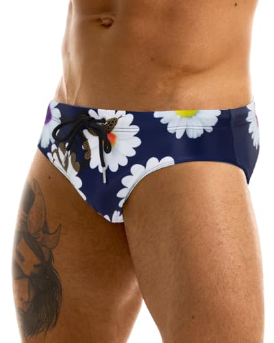 MIZOK Men's Sexy Bikini Swim Briefs Quick Dry Printed Swimsuit Beach Swimwear with Drawstring