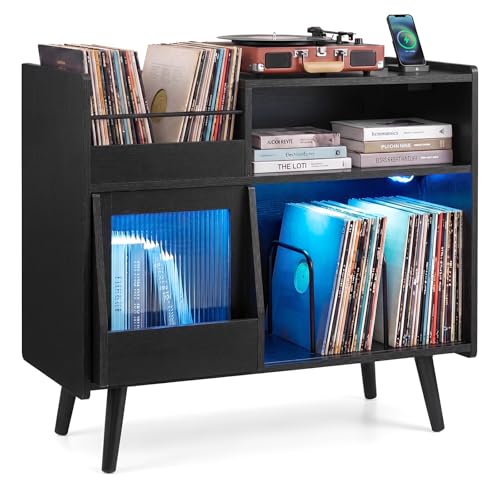 Image of Giantex Large Record Player Stand with LED Light, Mid Century Modern Turntable Stand w /Sliding Door, Charging Station & Plastic Leg, Record Player Table, Vinyl Record Storage for Living Room (Black)