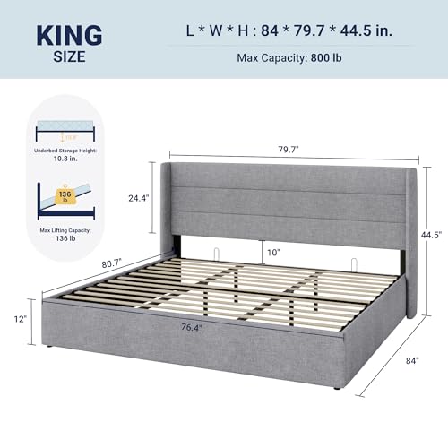 Image of Allewie King Size Lift Up Storage Bed, Modern Wingback Headboard, Hydraulic Support, No Box Spring Needed, Light Grey