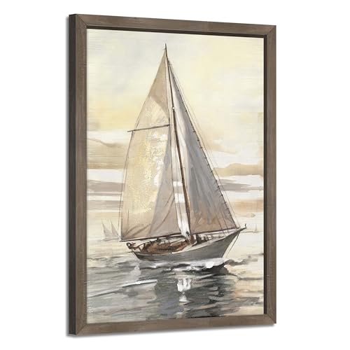ARTISTIC PATH Sunset Ocean Sailboat Wooden Framed Wall Art, 16x24 Inch