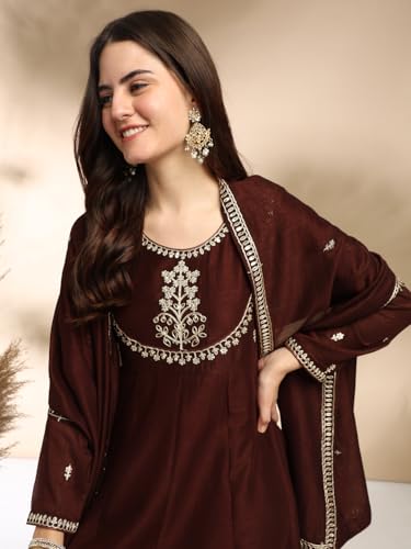 Image of MOKOSH Women's Silk Embroidery Anakrali Kurta Pant with Dupatta | Anarkali Kurta Set | Round Neck Full Sleeve Ethnic Suit | Floral Kurta 7 Colour Option Available | 3 Piece Outfit