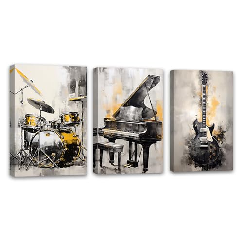 ZQQART 3 pezzi Arte murale astratta con strumenti musicali - Pittura di pianoforte, chitarra, batteria - Decorazione per negozio di musica - Telaio (30x40 cm)
