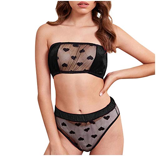 Ensemble de lingerie dentelle sexy maille transparente nuisette coquine et string cœur