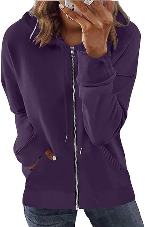 Womens Long Sleeve Open Front Zip Up Hoodies Drawstring Cardigan Hooded Sweatshirt Fashion Sweaters with Pockets