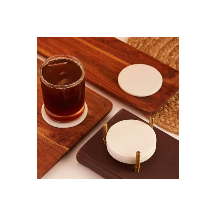 Queenza Marble Coaster Set of 6 with Metal Holder, Pearl White Marble Coasters Round Tiles 3.5 Inch Wide 5 mm Thick, Both Side Polish for Scratch Free Surface - Image 3