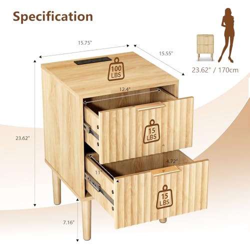 Image of VINGLI Nightstands Set of 2 with Charging Station, Fluted Nightstand 2 Drawer, 15.8 inch W*15.6 inch D Mid Century Modern Nightstands for Bedroom, Fluted Bed Side Table, Oak Night Stands Set 2