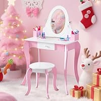 Girls Vanity Set with Mirror and Stool, 2-in-1 Top Removable Rotatable Mirror and Written Board Wooden Princess Vanity Table with Drawer, Makeup Vanity Dressing Table Set for Kids Gifts (Pink)