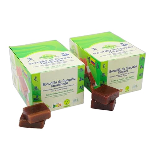 Saborty Bocadillo de Guayaba (Total 64 Unidades) - Pack 2 Cajas Original y Combinado - Barrita Energética Vegana y Sin Gluten (2 Cajas 32 Unidades, Original + Combinado)