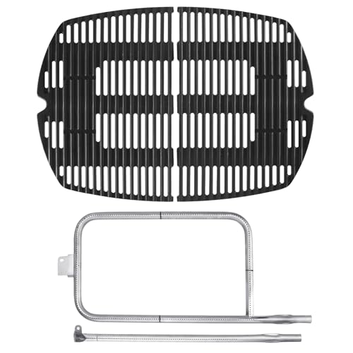 Image of LS'BABQ Grill Replacement Parts Kit for Weber Q300 Q320 Q3000 Q3200 Gas Grills, 7646 Cast Iron Cooking Grates and 65032 Grill Burner for Weber 424001 426001 57060001 586002 Grills Models