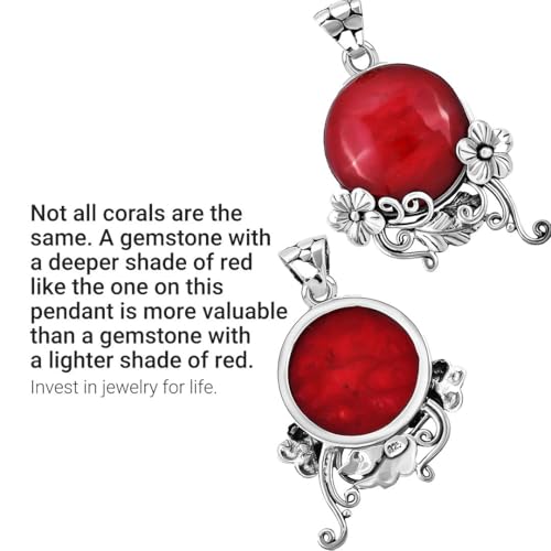 Red Coral Pendant in 925 Sterling Silver - Handmade Bali Coral Cabochon Pendant for Necklace - Natural Gemstone Birthstone Costume Jewelry for Women Birthday Gifts for Womens 5
