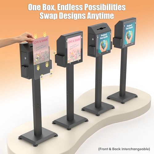 Image of Suggestion Box with Stand,Black Donation Boxes for Fundraising,Heavy Duty Metal Floor Standing Ballot Box with Lock and Keys,Ideal for Voting, Donation and Church Election