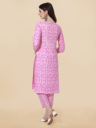 Image of MIRCHI FASHION Women Straight Cotton Blend Jaipuri Print Kurti Set with Pant (K9342 - Pink, White - S)