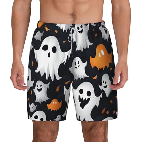 Cute White Ghost Halloween Pattern Men's Soft Double Swim Shorts, Lounge Swiming Shorts Pants Breathable Summer