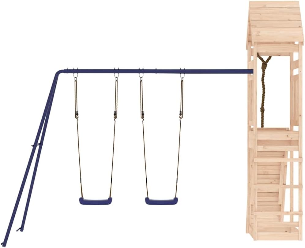 Outdoor Playset with Climbing Wall and Double Swings, Solid Pine Wood Construction, Rustic Brown Finish, Blue Polypropylene Swing Seats, 101.2 cm Wide, 124.0 cm Long, 103.9