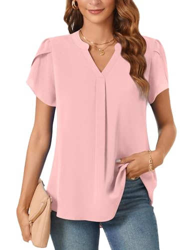 Aodemo Women's Summer Chiffon V Neck Blouses Tulip Short Sleeves Dressy Tunic Office Tops Casual Loose T-Shirts XL, Pink
