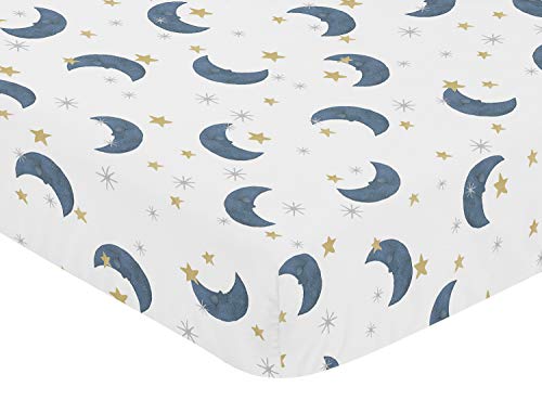 Image of Sweet Jojo Designs Fitted Baby Crib Sheets (Moon and Star) for Boys or Girls, Infant Nursery, Toddler Room - Standard Size (Watercolor, Celestial, Sky, Navy Blue and Gold Moons and Stars)