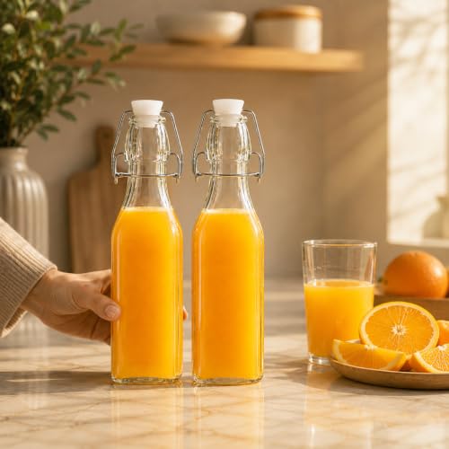 Image of Clear Glass Bottles with Airtight Swing Top Lids - Leakproof Reusable Glass Jars for Juice, Oil, Water, Milk, Kombucha, Vinegar, Beverages - Square, Pack of 2