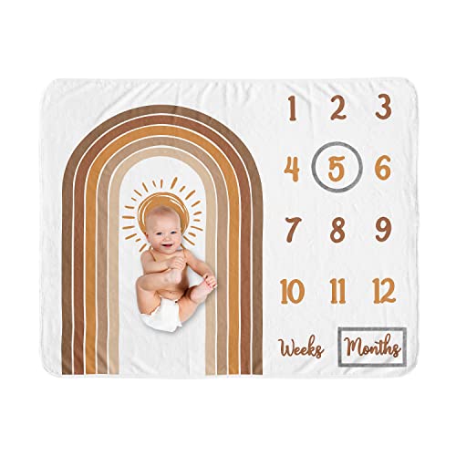 Image of Sweet Jojo Designs Rainbow Vintage Boho Sun Boy Girl Milestone Blanket Monthly Newborn Baby Shower Memory Gift Pumpkin Orange Brown and White Bohemian Sunshine Minimalist Gender Neutral Retro Arches
