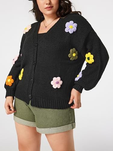 CIDER Women’s Floral Cropped Cardigan Cute Flower V Neck Button Down Trendy Sweater4