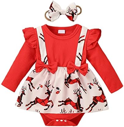 PATPAT Newborn Infant Baby Girl Christmas Clothes Set Reindeer Layered Skirts Romper with Headband Sets 0-18 Months