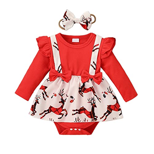 Patpat Newborn Infant Baby Girl Christmas Clothes Set Reindeer Layered Skirts Romper With Headband Sets 0-18 Months #TOP11