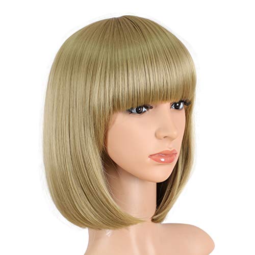 ALICE Short Blonde Bob Wig Light Brown Wig, 12" Silky Straight Synthetic Hair Wig for Women