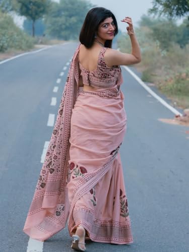 Image of Elegant Dusty Pink Linen Cotton Saree with Floral Print Border | Cotton Printed Saree with Unstitched Blouse Piece Saree for Women