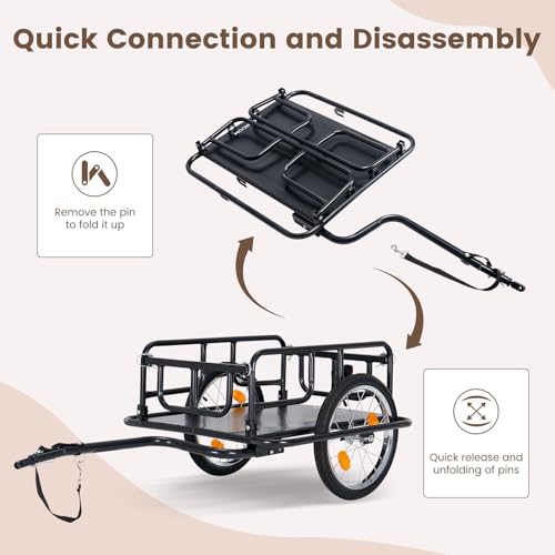 H&ZT Bike Cargo Trailer, 2 Tow Bars Included, 176 lb Load Capacity, 16″×2.125″ Pneumatic Wheels, Quick-Attach Pin Release Hitch, Anti-Rust Steel Frame with Reflectors