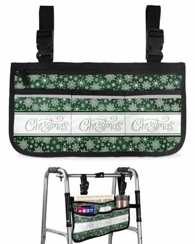 Anzona Green Merry Christmas Wheelchair Side Bag Walker Bag, Winter Farmhouse Snowflakes Wheelchair Accessories Armrest Pouch, Organizer Storage Bag for Walkers, Rollators, Scooters, 7.3''x13''