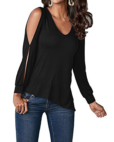 YOINS Camiseta de manga larga para mujer, asimétrica, informal, para otoño e invierno, monocolor, hombros fríos, cuello en V, túnica, Negro , XXL