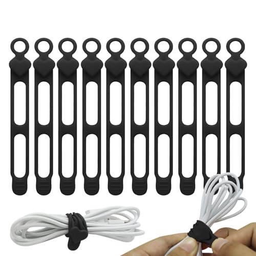 ケーブルタイ | 10個セット シリコン製 再利用可能 コード整理 収納オーガナイザー - 多目的 伸縮コード結束 配線固定 バンドル収納 - 屋内 車内 収納 充電管理 アウトドア用途