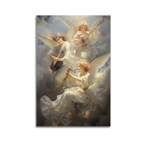 Poster cristiano con angelo dipinto a olio, angelo che suona