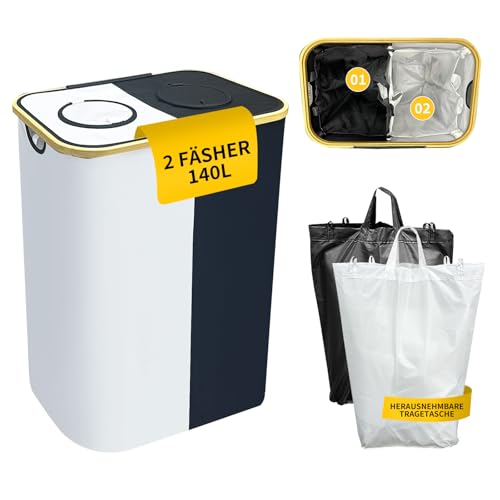 140L Pfandflaschen Sammelbehälter mit Deckel – 2 Fächer Flaschensammler & Wäschesammler XXL – inkl. 2 herausnehmbare, wasserdichte Tragetaschen – Faltbares Trennsystem für Küche & Leergut (57x37x67cm)