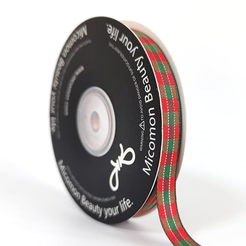 Micomon X'Mas Gingham Ribbon Green Red Metallic Gingham Ribbon 25 Yards Each Roll 100% Polyester (3/8",RedGreenGold)