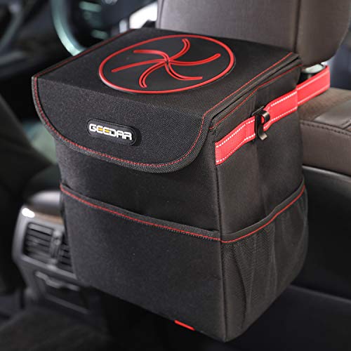 Car Trash Can, Car Trash Bag Hanging with Lid, 3 Storage Pockets,100% Leak-Proof Inside Lining