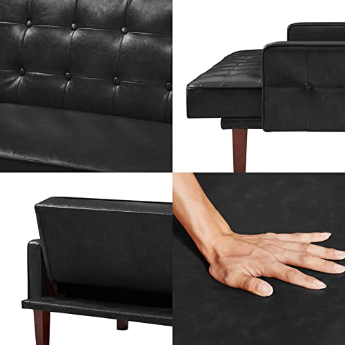 Homies Life Faux Leather Sofa Couch With Memory Foam Modern Convertible Sleeper S-Shaped Spring Eucalyptus Frame Solid Wood Feet Daybed With Adjustable For Apartment Office Dorm Easy Assembly (Black) #TOP4
