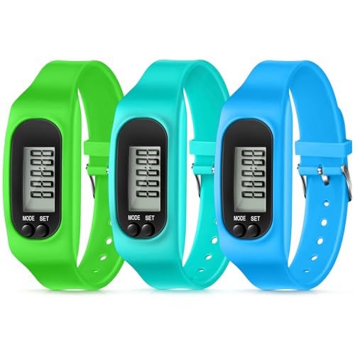 Kenning Silicone Fitness Tracker Watch 3 Pcs Walking Running Pedometer Calorie Burning and Step Counting Bracelet Steps Pedometer Watch for Walking Men Women Kids (Mint Green Green Sky Blue)